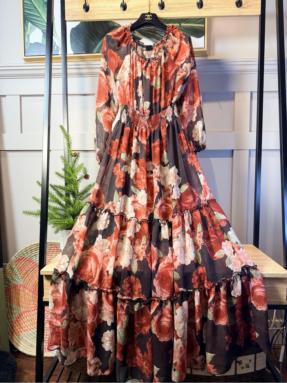 Kate & Lily Floral Tiered Maxi Dress in Rust and Black Size 8